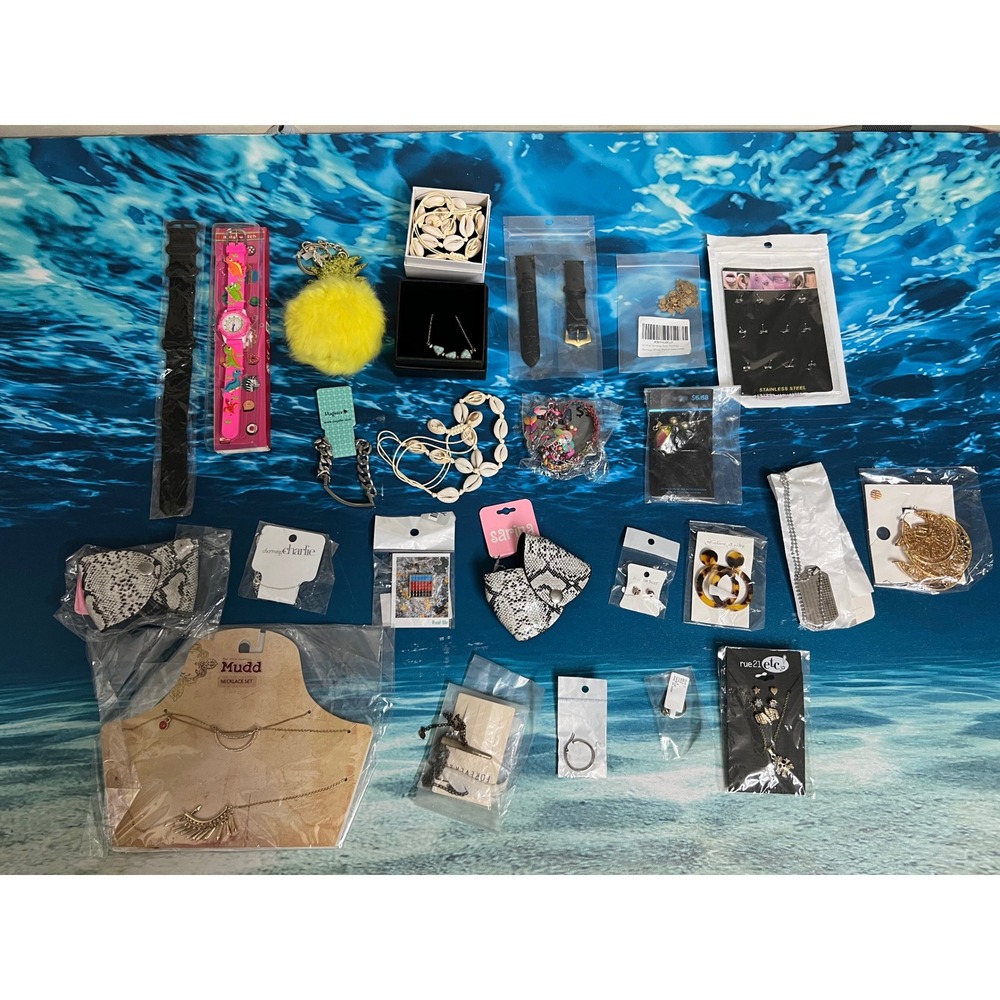 Huge 25 Piece Jewelry Lot Mudd Necklaces Earrings Watches Snake Print Keychains